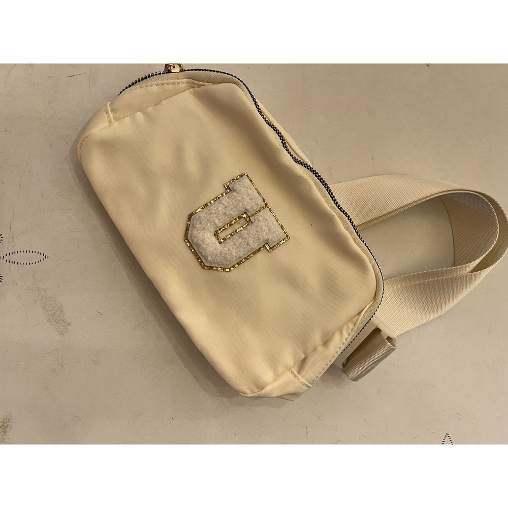 Cream Kids Nylon Belt Bag, Glitter U Accent, Small, Adjustable Strap, 8x5x2 in